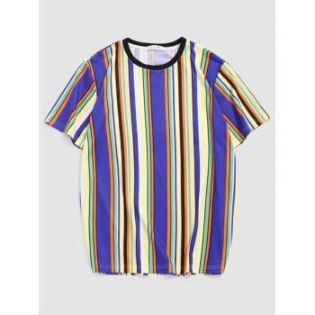 Colorful Vertical Stripe Print T-shirt L Blue