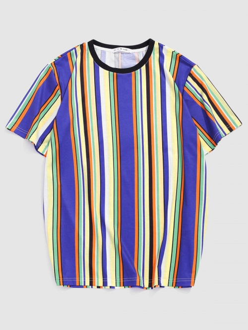 Colorful Vertical Stripe Print T-shirt L Blue