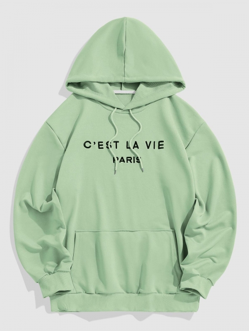 ZAFUL Men's Letter C'EST LA VIE PARIS Embroidery Essentials Hoodie L Light green