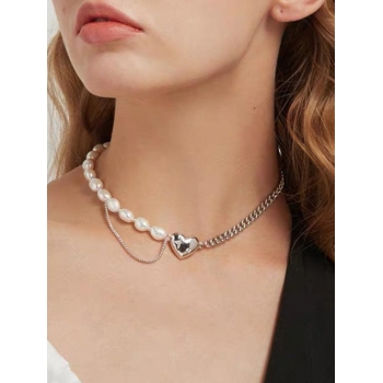 Faux Pearl Chain Heart Pendant Chain Necklace For Women