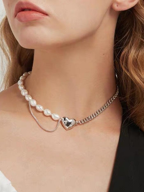 Faux Pearl Chain Heart Pendant Chain Necklace For Women