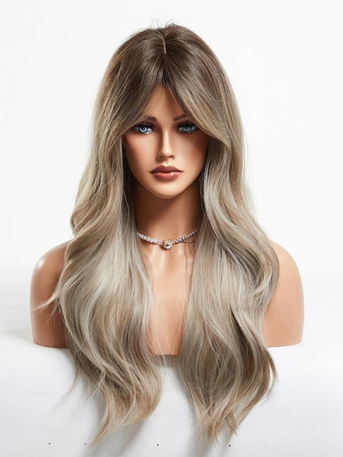 zaful Brown Gradient Light Brown Middle Part Bangs Long Wavy Synthetic Wig