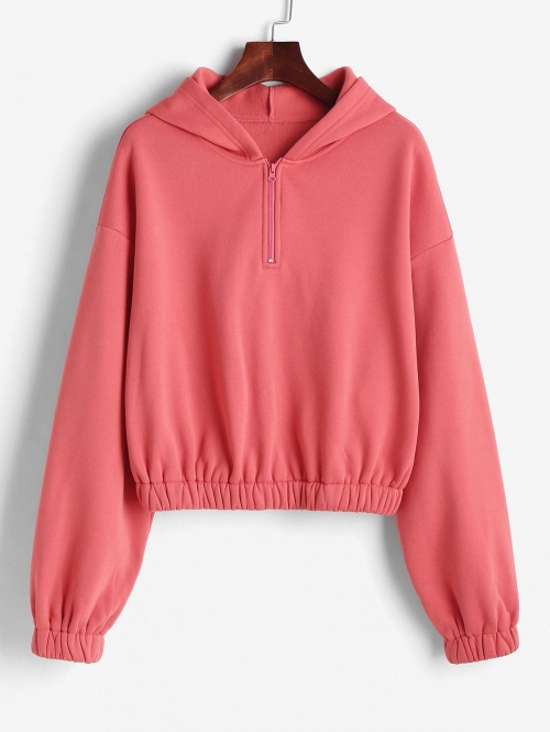 Women Hoodies ZAFUL Flocked Drop Shoulder Half Zip Hoodie S Red