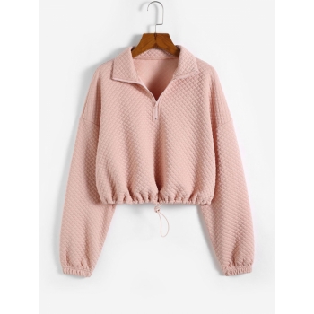 Women Hoodies ZAFUL Rhombus Textured Drop Shoulder Half Zip Sweatshirt L Light pink