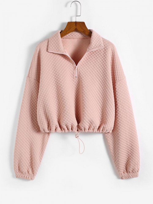 Women Hoodies ZAFUL Rhombus Textured Drop Shoulder Half Zip Sweatshirt L Light pink