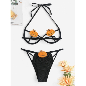 Halloween Pumpkin Cupless Halter Lingerie Set Xl Black