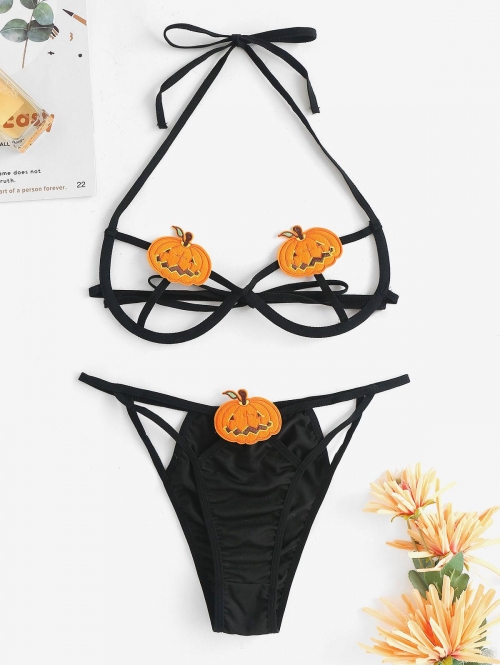 Halloween Pumpkin Cupless Halter Lingerie Set Xl Black