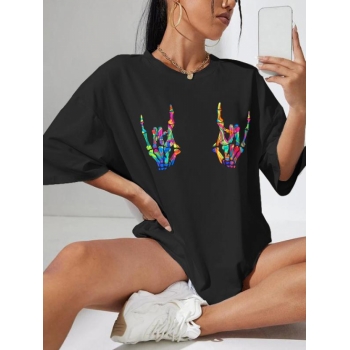 Fashion Women Tees Halloween Colorful Skeleton Print Drop Shoulder T Shirt L Black