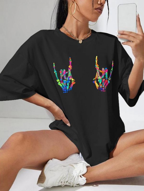 Fashion Women Tees Halloween Colorful Skeleton Print Drop Shoulder T Shirt L Black