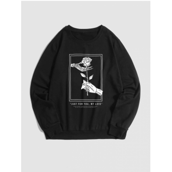 ZAFUL Men's Halloween Skeleton Hand Holding Rose and Letter Printed Pullover Sweatshirt S Black