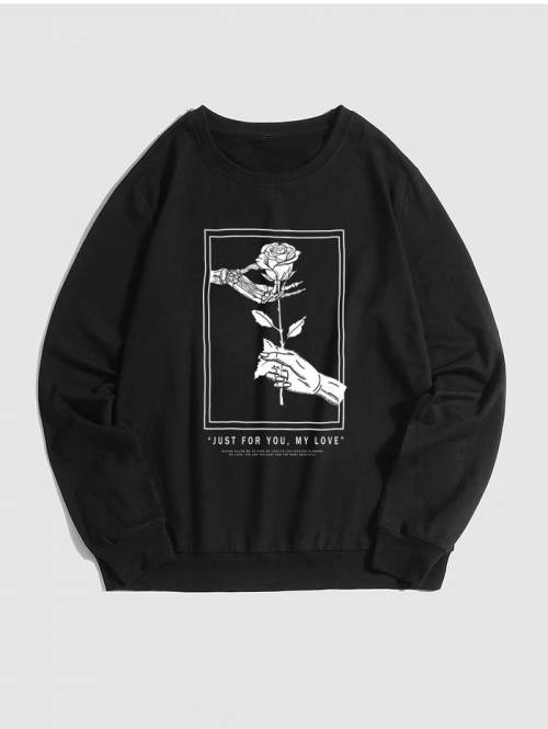 ZAFUL Men's Halloween Skeleton Hand Holding Rose and Letter Printed Pullover Sweatshirt S Black