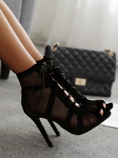 Women Hollow Out Mesh and Suede Lace Up Stiletto Heel Sandals