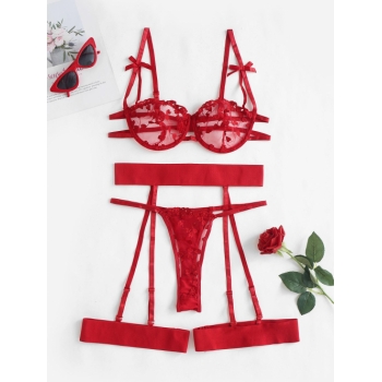 Heart Embroidered Bowknot Lace Grater Lingerie Set with Leg Rings M Red