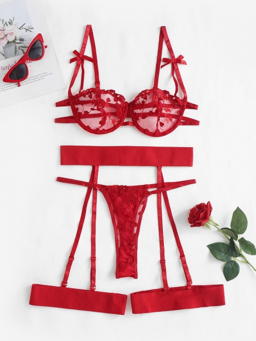 Heart Embroidered Bowknot Lace Grater Lingerie Set with Leg Rings M Red