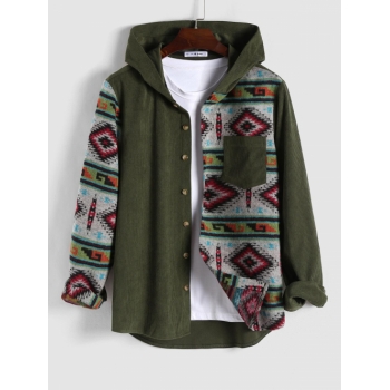 ZAFUL Men's Ethnic Style Geometric Pattern Corduroy Spliced Shacket Xl Deep green