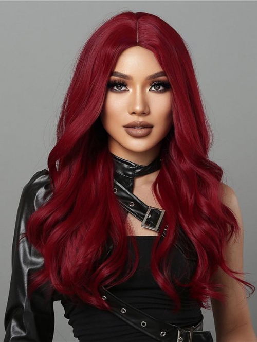 zaful Long Wine Red Wavy Synthetic Halloween Cosplay Party Wig