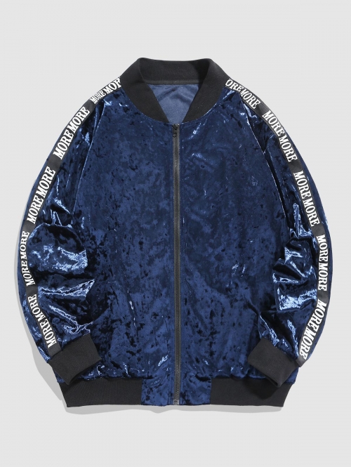 ZAFUL Men's ZAFUL Letter Printed Shiny Velvet Bomber Jacket M Deep blue