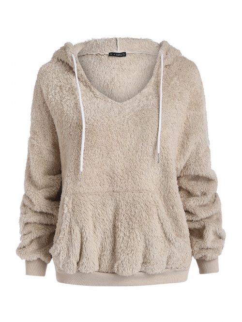 Women Hoodies ZAFUL Faux Fur Fluffy Drop Shoulder Pocket Hoodie L Light khaki