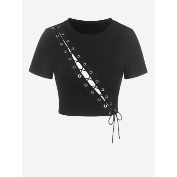 Fashion Women Tees ZAFUL Lace Up Ribbed Crop T Shirt L Black