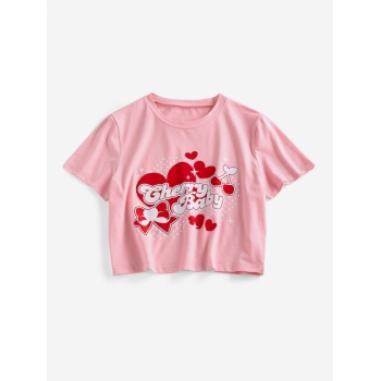 Fashion Women Tees ZAFUL Heart Bowknot Cherry Print T Shirt M Light pink