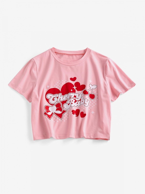 Fashion Women Tees ZAFUL Heart Bowknot Cherry Print T Shirt M Light pink