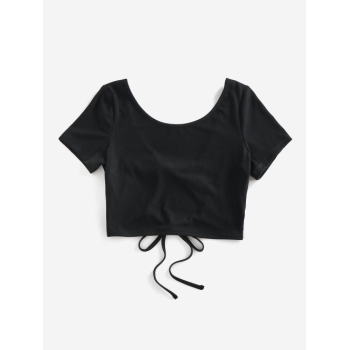 Fashion Women Tees ZAFUL Ribbed Tied Backless Crop T Shirt M Black