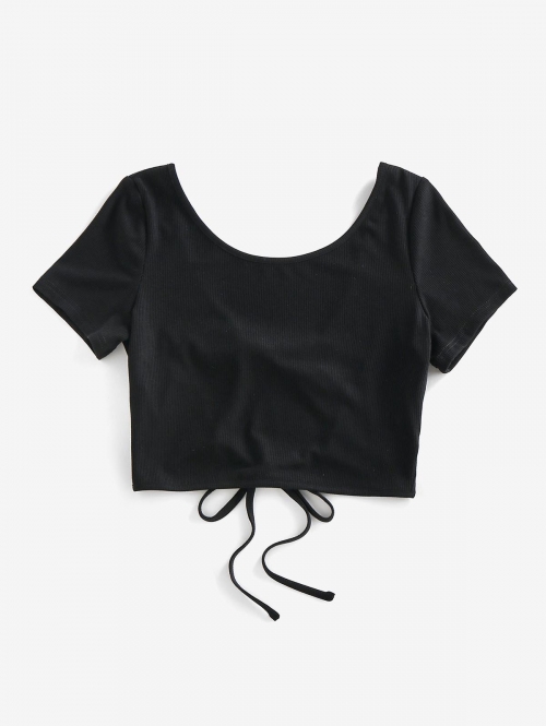 Fashion Women Tees ZAFUL Ribbed Tied Backless Crop T Shirt M Black