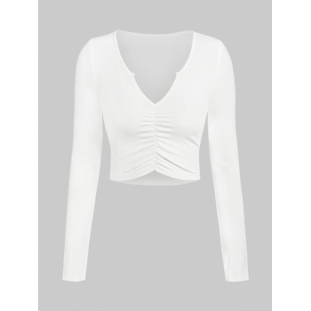 Fashion Women Tees ZAFUL Ribbed Ruched V Notch Crop T Shirt L White