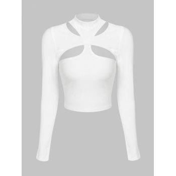 Fashion Women Tees ZAFUL Ribbed Cutout Long Sleeve Crop Tee S White