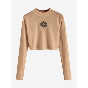 Fashion Women Tees ZAFUL Crew Neck Sun Embroidered Crop Top S Coffee