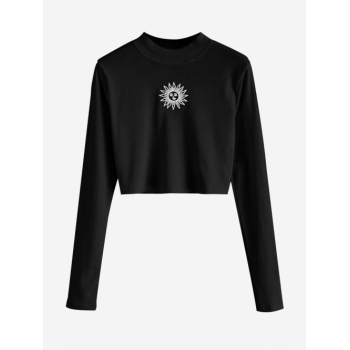 Fashion Women Tees ZAFUL Crew Neck Sun Embroidered Crop Top M Black