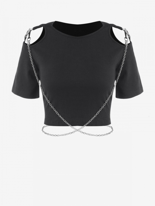 Fashion Women Tees Ribbed Cropped Criss Cross Chains Cutout Tee M Black