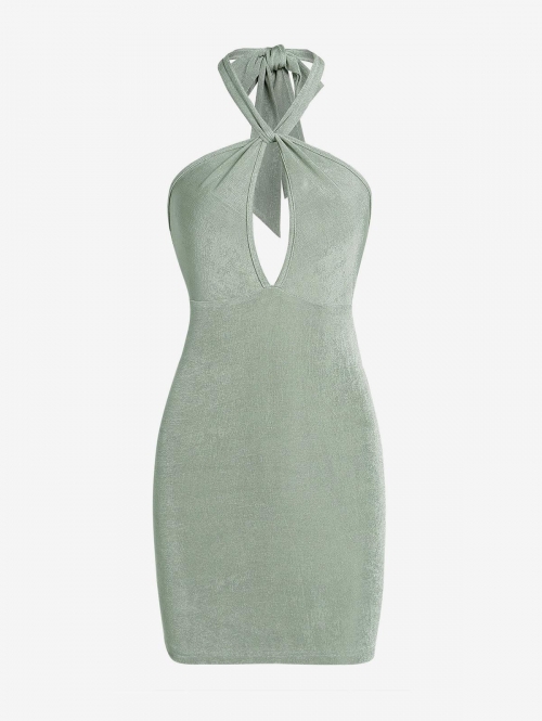 Mini Dress ZAFUL Halter Keyhole Backless Slinky Dress S Light green