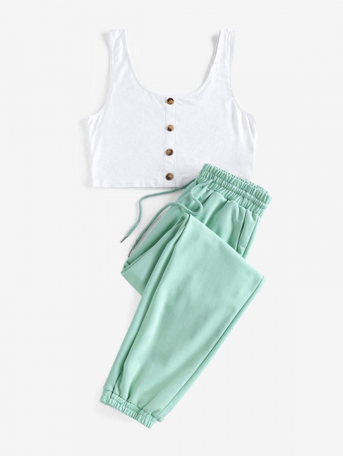 ZAFUL Crop Top and Drawstring Jogger Pants Set M Light green