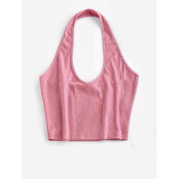 Women Tank Tops ZAFUL Ribbed Halter Crop Top Xl Blush red