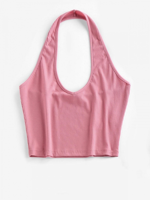 Women Tank Tops ZAFUL Ribbed Halter Crop Top Xl Blush red