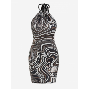 Mini Dress ZAFUL Agate Print Backless Halter Bodycon Dress S Deep coffee