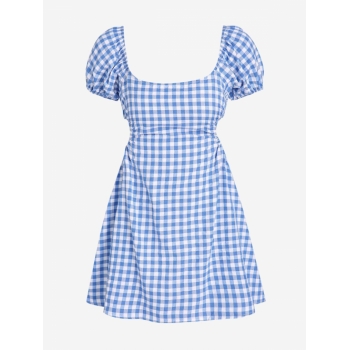 Casual ZAFUL Gingham Puff Sleeve Open Back Mini Dress L Blue