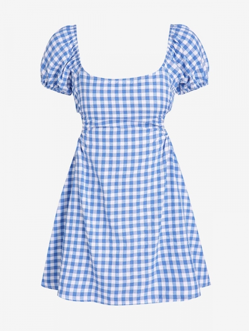 Casual ZAFUL Gingham Puff Sleeve Open Back Mini Dress L Blue