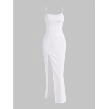 Bodycon Dress Slit Floor-length Dress Summer High Stretch Sleeveless Daily Wedding Guest Spaghetti Strap Thigh Split Slinky Bodycon Dress M White