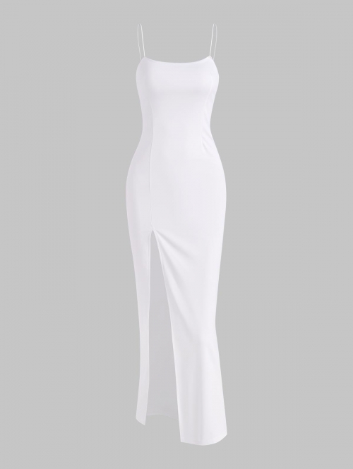 Bodycon Dress Slit Floor-length Dress Summer High Stretch Sleeveless Daily Wedding Guest Spaghetti Strap Thigh Split Slinky Bodycon Dress M White