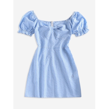 Print ZAFUL Gingham Twisted Ruffle Puff Sleeve Dress M Light blue