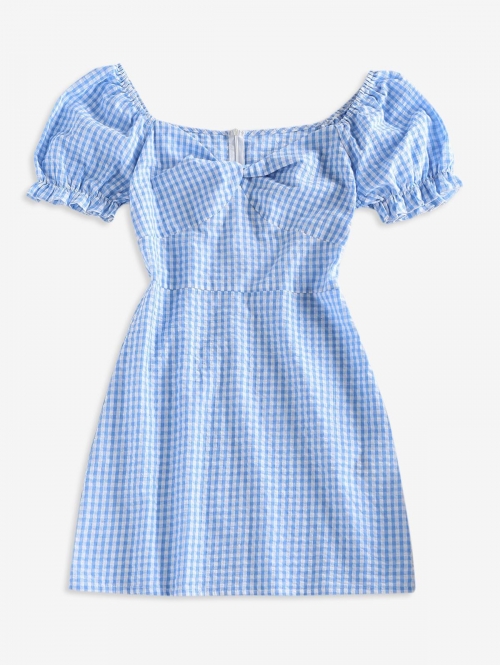 Print ZAFUL Gingham Twisted Ruffle Puff Sleeve Dress M Light blue