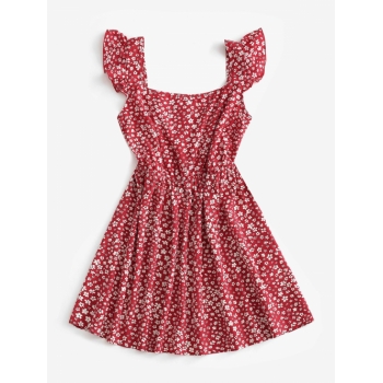 Print ZAFUL Floral Print Flutter Sleeve Ruffle Armhole Mock Button Flare Dress S Deep red