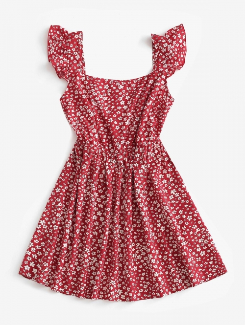 Print ZAFUL Floral Print Flutter Sleeve Ruffle Armhole Mock Button Flare Dress S Deep red