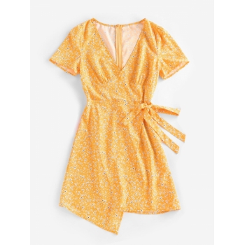 Print ZAFUL Ditsy Floral Asymmetric Bowknot Dress L Yellow