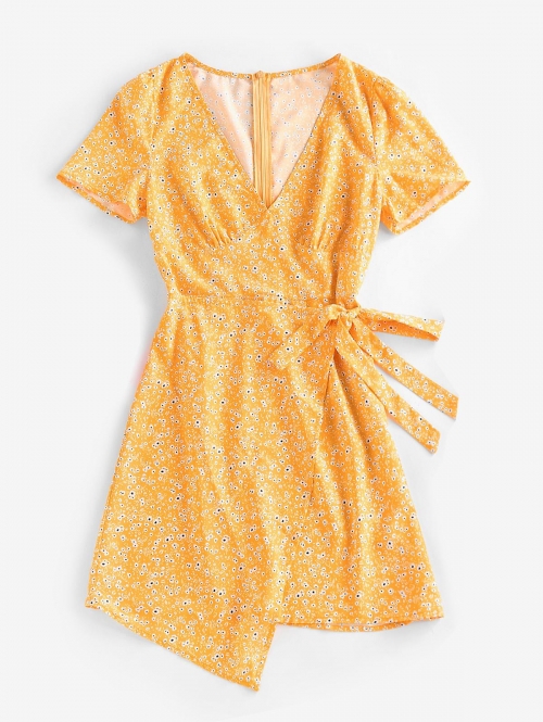 Print ZAFUL Ditsy Floral Asymmetric Bowknot Dress L Yellow