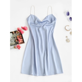 Mini Dress Faux Pearl Straps Cowl Neck Mini Vegas Dress M Light blue