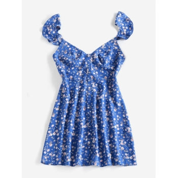 Mini Dress ZAFUL Floral Print Flutter Sleeve Mini A Line Dress M Blue