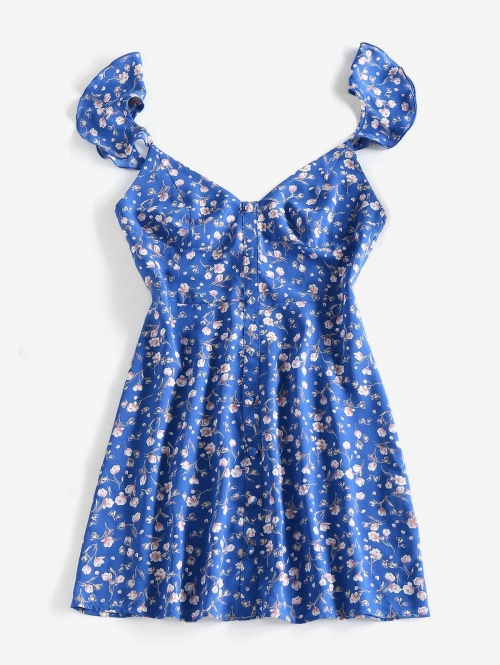 Mini Dress ZAFUL Floral Print Flutter Sleeve Mini A Line Dress M Blue